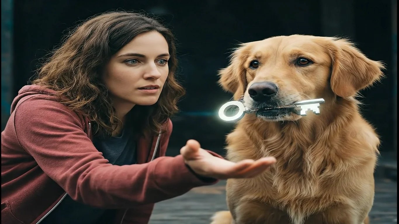 Echo the golden retriever holding a glowing key